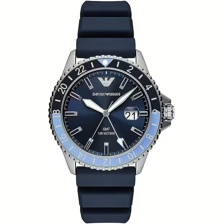 Emporio Armani GMT Watch in Navy & Silver