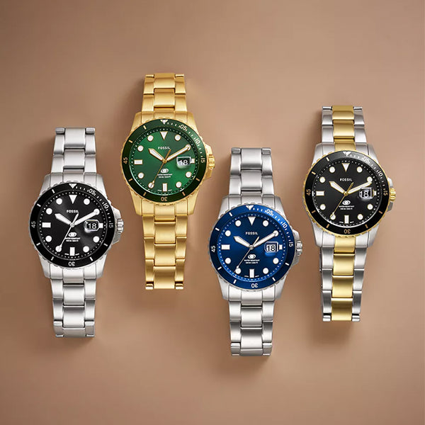Fossil Gold-Tone Diver Watch, Green Dial