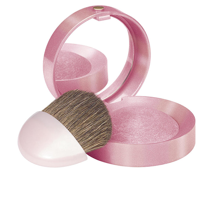 Small baked cheek compact with mirror, brush and warm rose powder shade