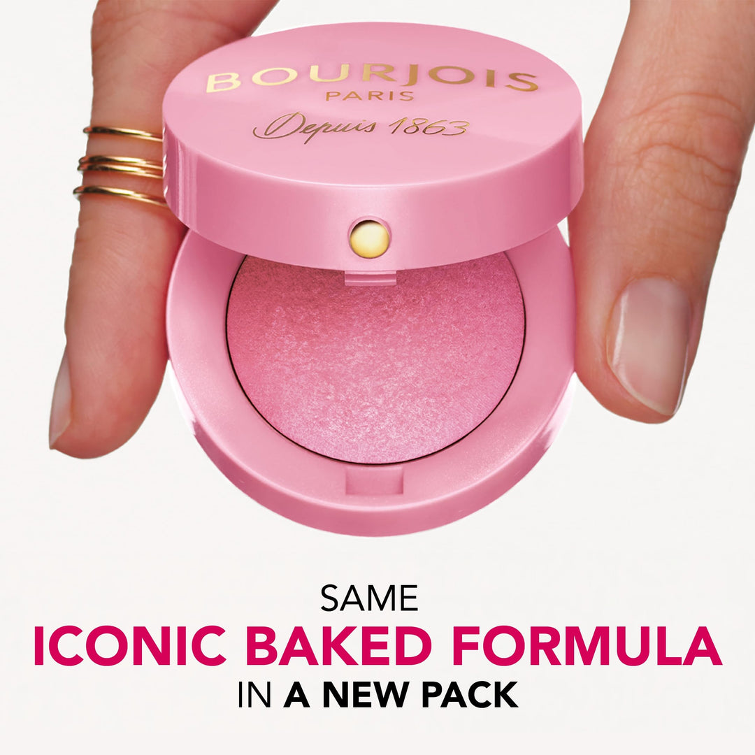Small baked cheek compact with mirror, brush and warm rose powder shade