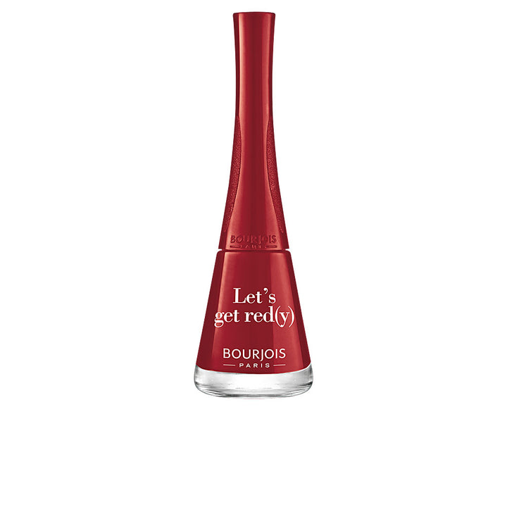 Small 9 ml bottle of bright red nail polish with fan brush, cream finish