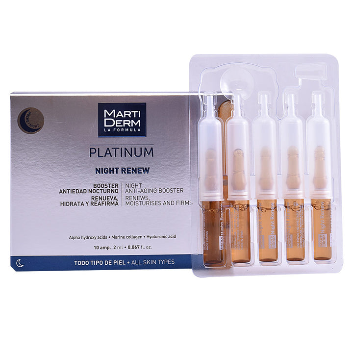 Martiderm Silver, blue, amber ampoules in plastic tray and cardboard packaging, modern clinical night booster