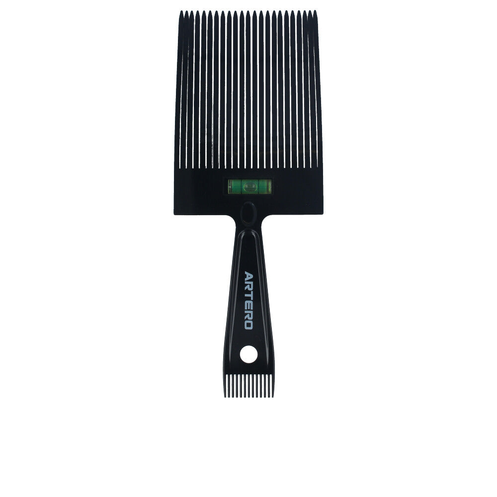 Black precision cutting comb with integrated guide and bubble level, fine and wide teeth