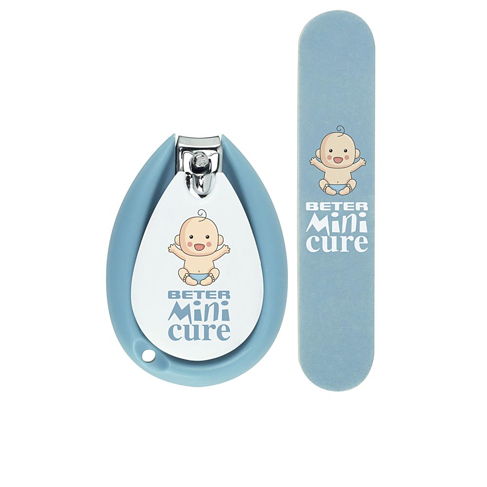 Blue and white metal and plastic nail clipper set with rounded edges, baby illustration, printed text, Beter