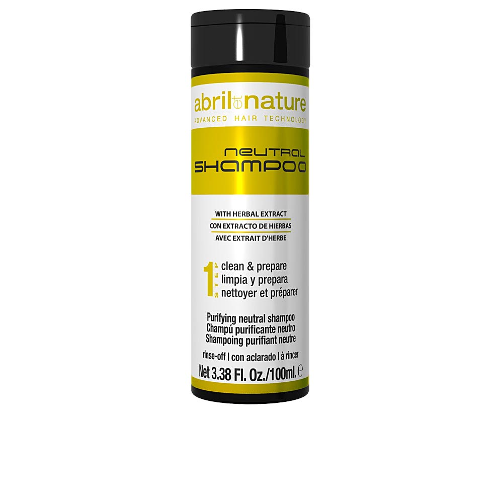 100 ml clear bottle of purifying neutral shampoo with botanical extract highlights