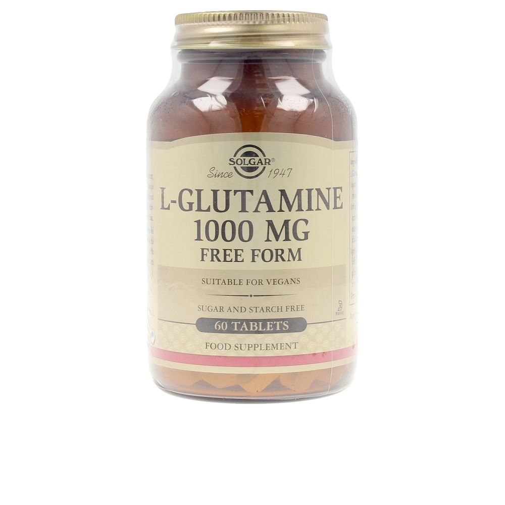 Bottle of Solgar L-Glutamine 1,000 mg tablets with white label and amber plastic bottle