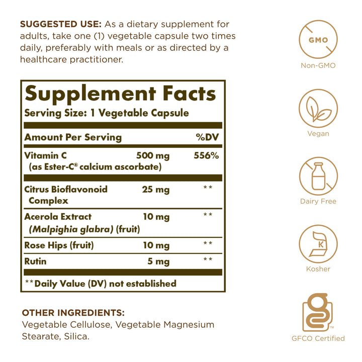 Brown supplement bottle labelled Ester‑C 500 mg, 50 tablets, Unisex vitamin C