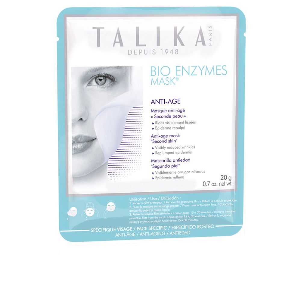 Single bio‑cellulose anti‑age sheet mask in sealed sachet, 20 g, hydrating serum visible