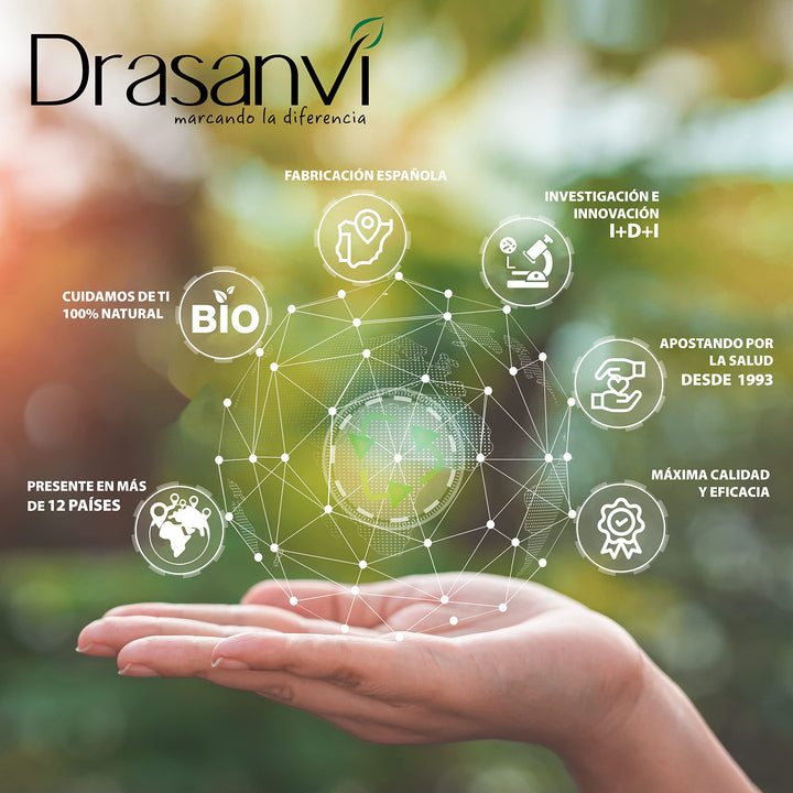 Drasanvi Black plastic supplement bottle with red vertical label, silver screw cap, colorful running figures graphic, red circular badge