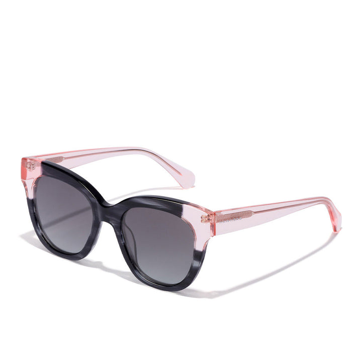 Black butterfly sunglasses with pink temples, smoked lenses, 52mm lens width