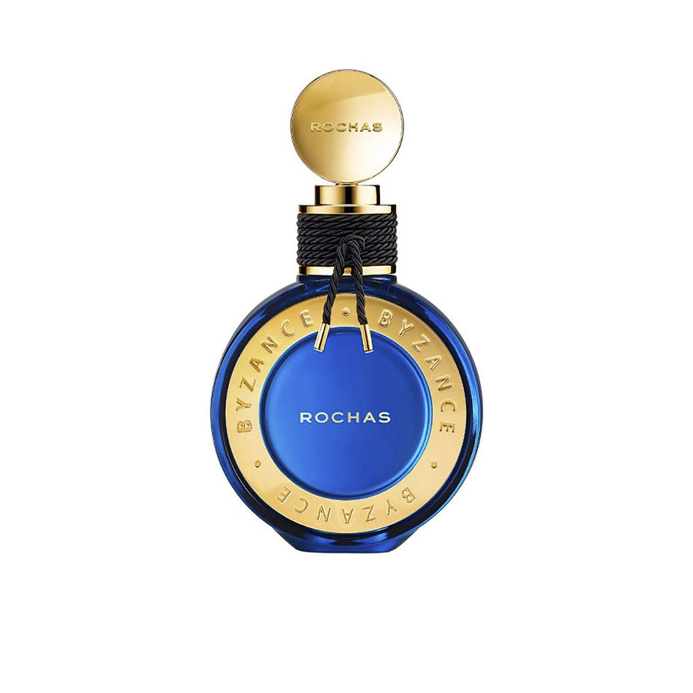 Deep blue jewel-like 90 ml perfume bottle with gold accents, oriental floral fragrance