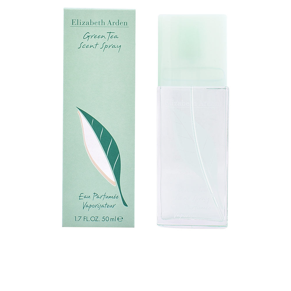 Green-tinted glass 50 ml perfume bottle with engraved leaf, citrus scent