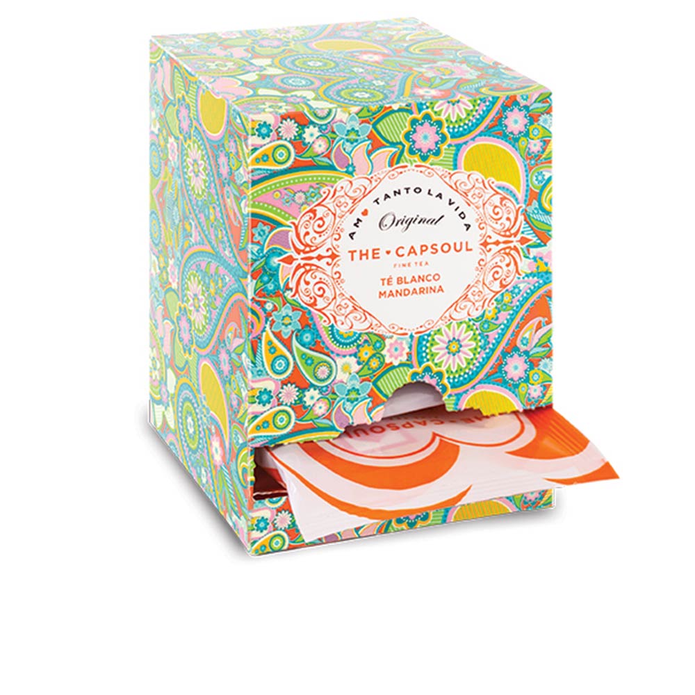 Box of pyramid white tea sachets with cornflower petals and bergamot aroma