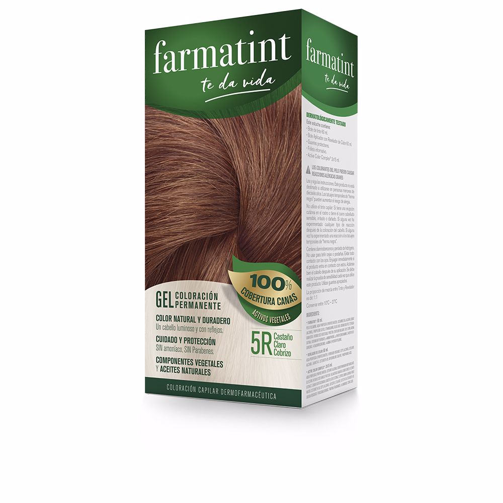 Tube and developer bottle set for 5R light copper-brown gel hair dye, includes repair vials and gloves
