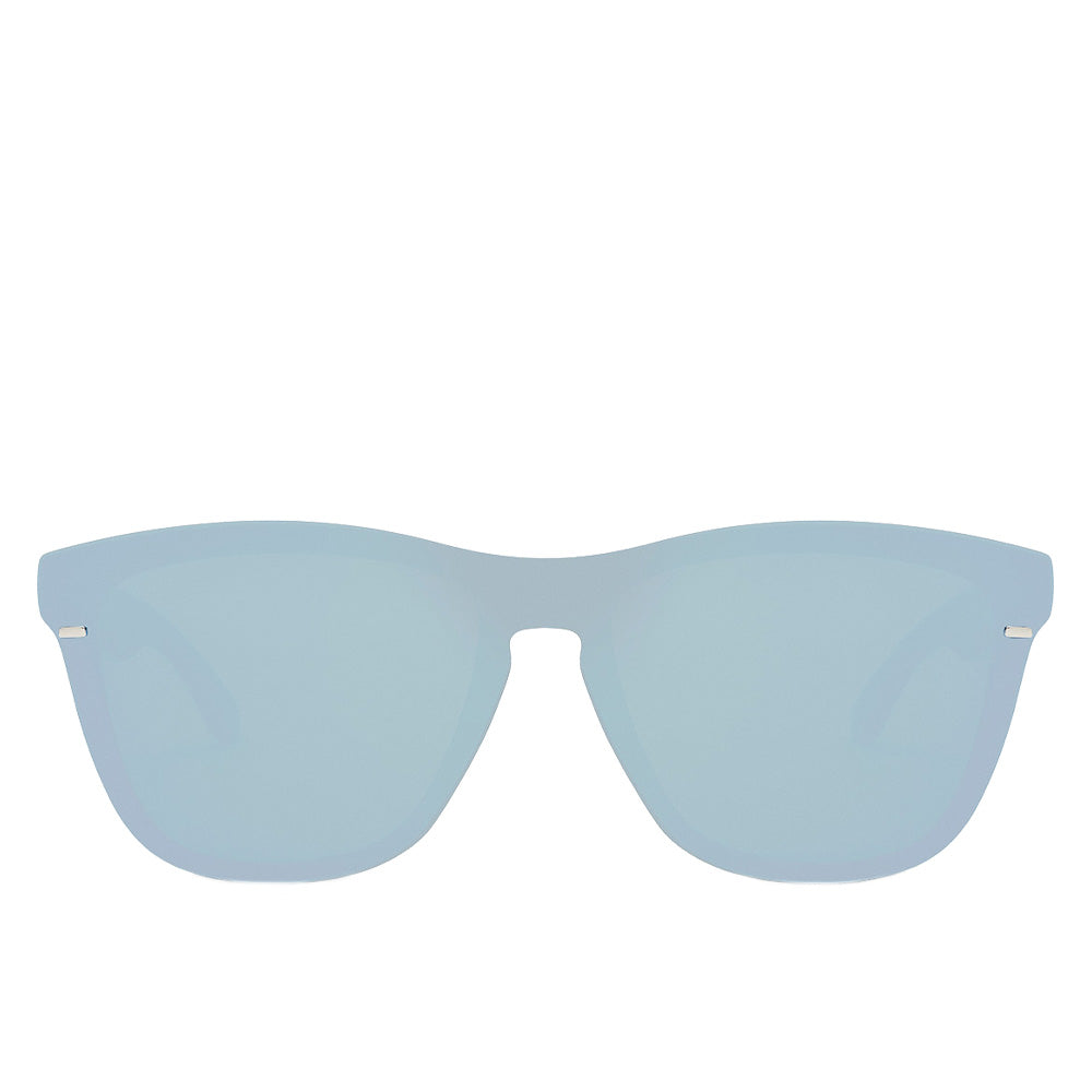 Glossy black hybrid frame sunglasses with chrome mirror mask lens, Unisex