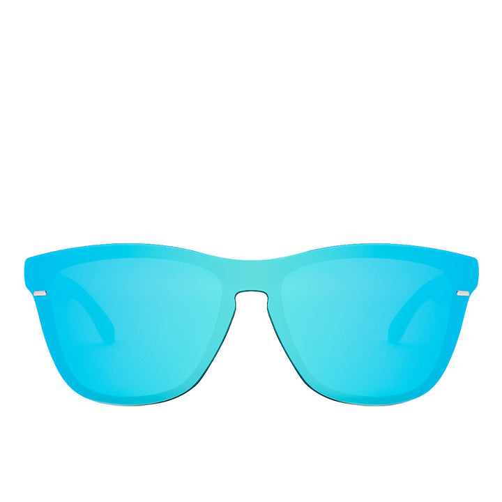 Unisex black sport mask sunglasses with blue chromed mirror lenses and silicone nose pads