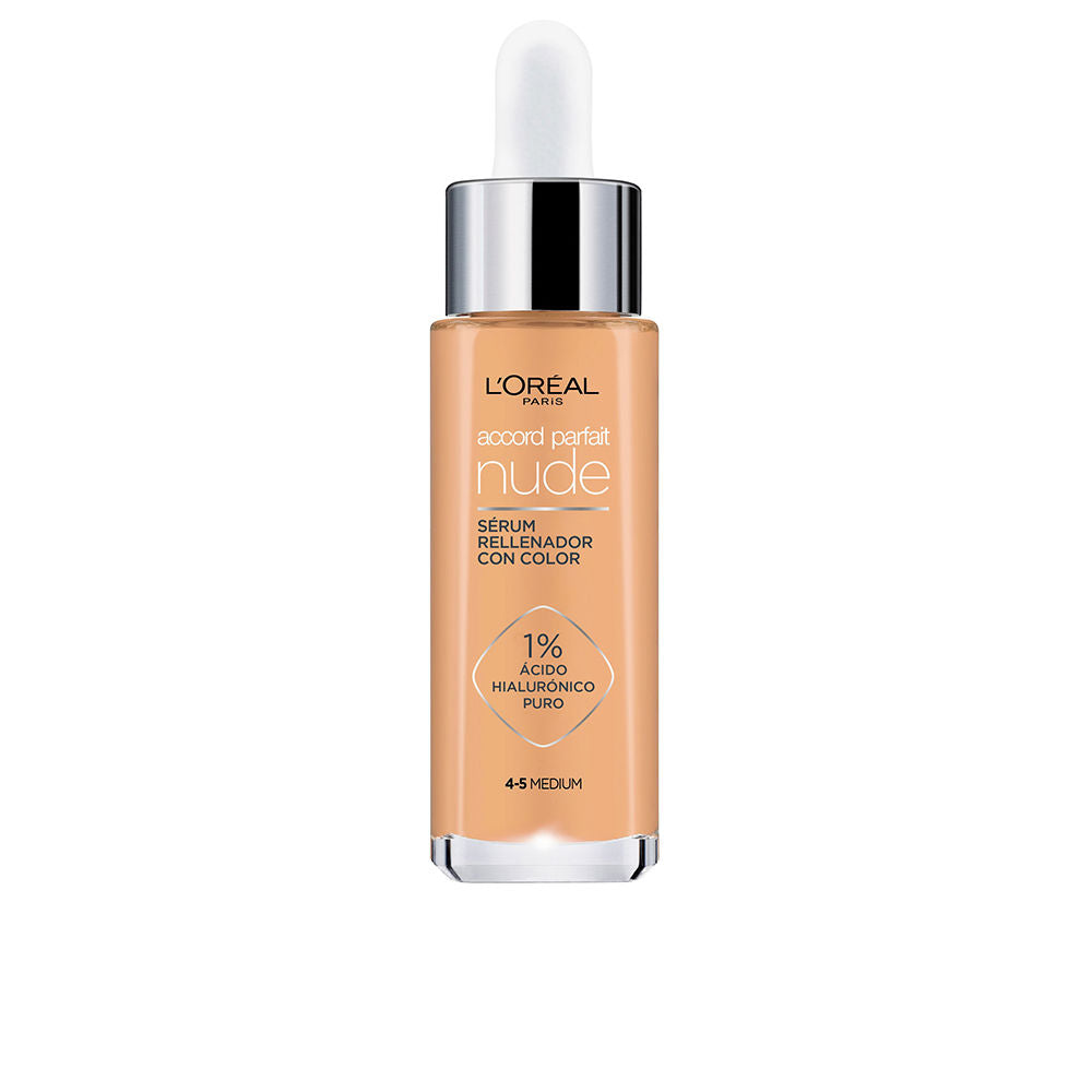 30 ml pump bottle of lightweight tinted hyaluronic serum, natural luminous finish