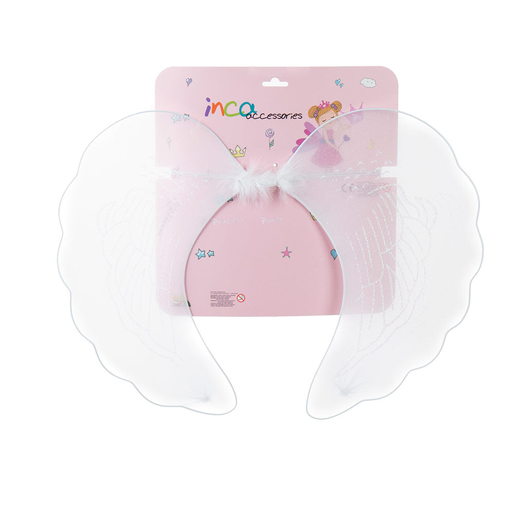 White children's angel costume wings with glitter trim and elastic shoulder straps