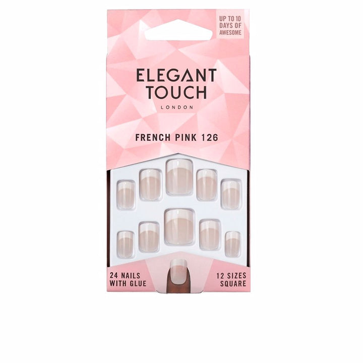 Set of 24 square French pink press-on nails with adhesive tabs, ready-to-wear