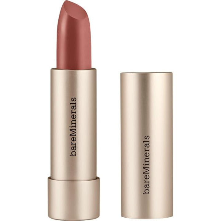 Satin lipstick bullet in warm rose shade; 3.6 g, vegan formula