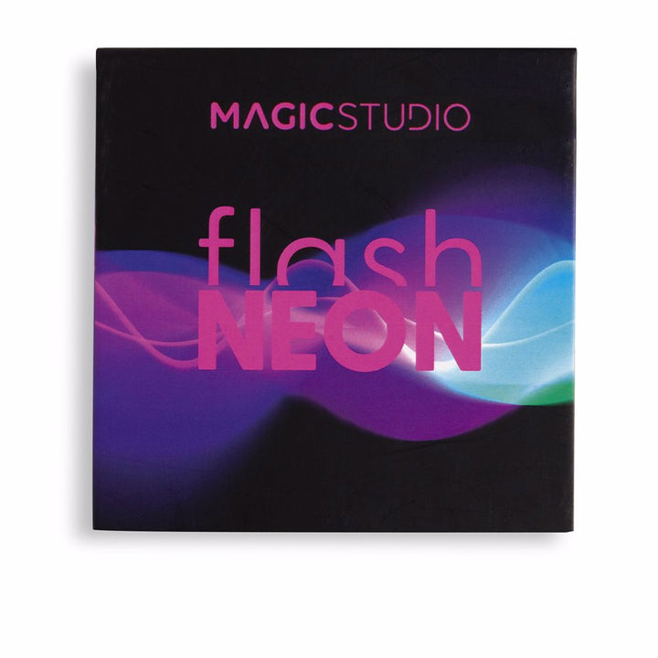 Compact eyeshadow palette with 24 neon matte and shimmer shades, closed packaging box