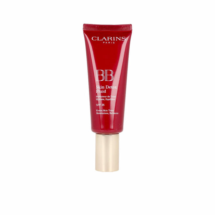 Red and beige minimalist plastic tube with screw cap showing tinted BB Cream — Clarins