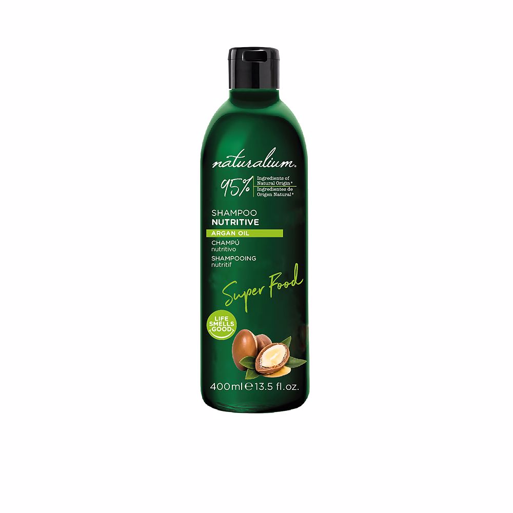 400 ml shampoo bottle labelled Argan Nourishing, Unisex, hydrating formula