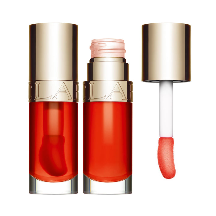 7 ml apricot-tinted botanical lip oil in slim tube, glossy finish