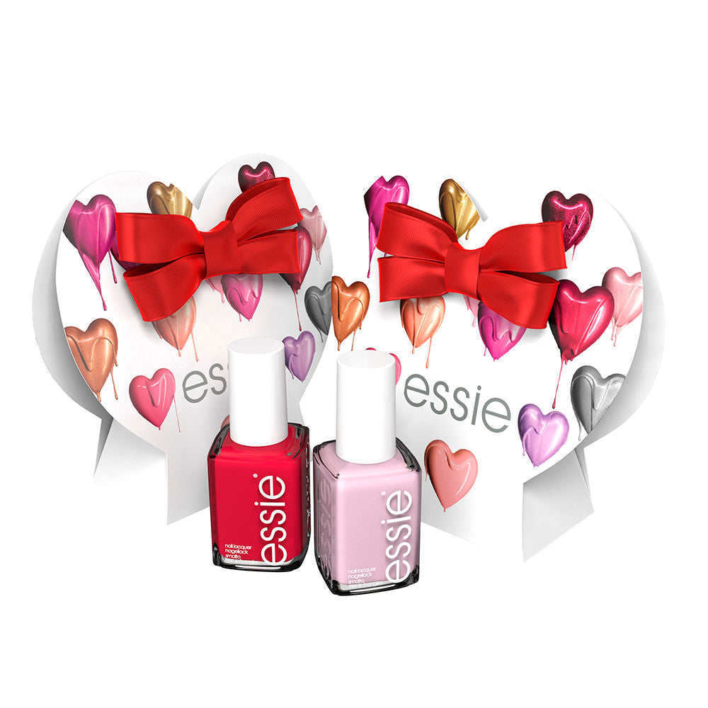 Two full-size Essie nail polish bottles in classic pink and red, gift-ready duo