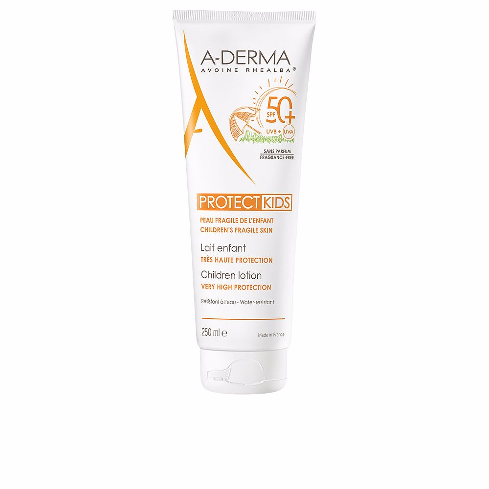 Bottle of A-Derma Protect Kids SPF 50+ sun lotion for children's sensitive skin