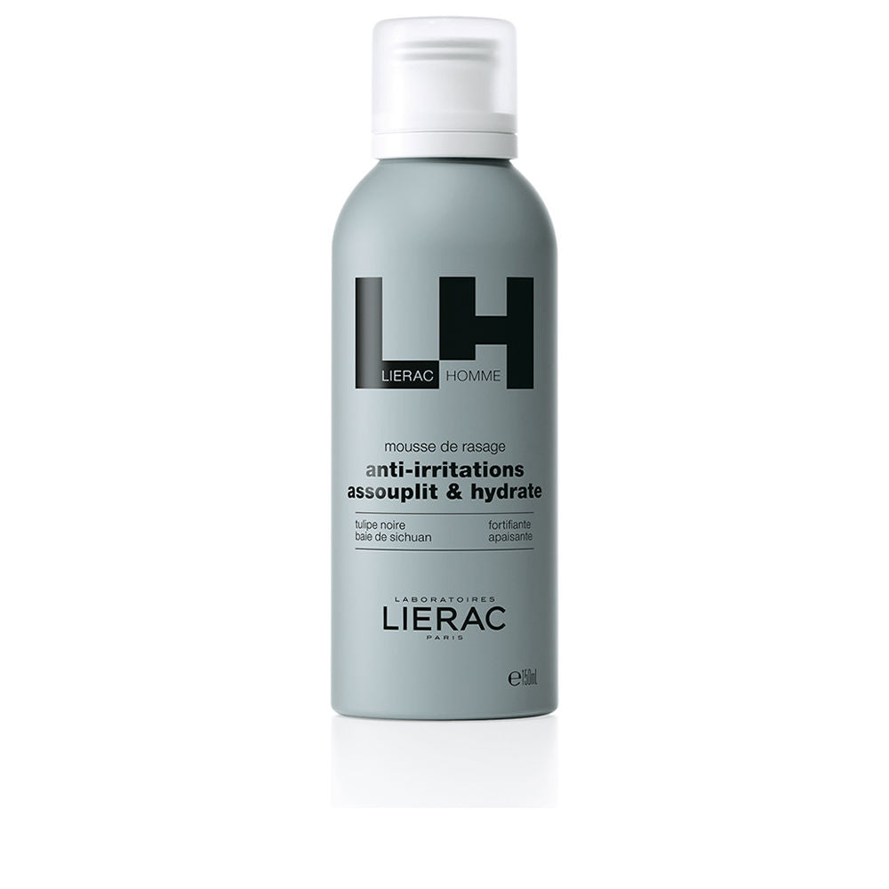 150 ml shaving mousse can, creamy white foam dispensed, black tulip and berry icons