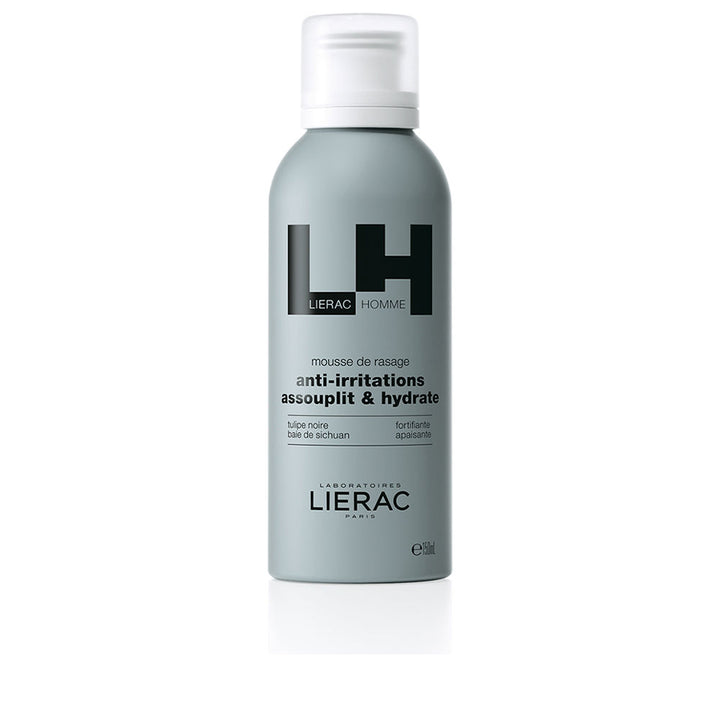 150 ml shaving mousse can, creamy white foam dispensed, black tulip and berry icons