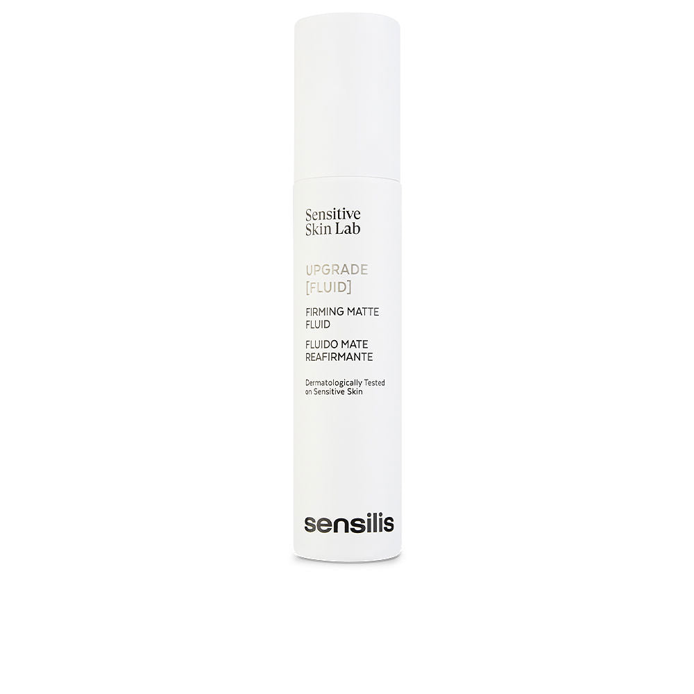 Sensilis White cylindrical matte plastic bottle with pump dispenser and printed front text, minimalist skincare design