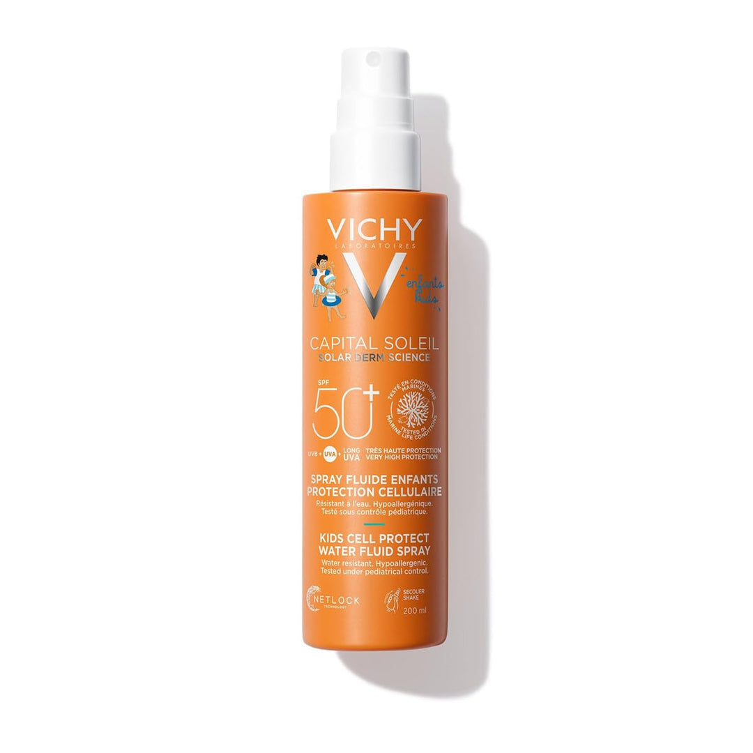 Vichy white and orange SPF50+ spray bottle for children's sensitive skin protection