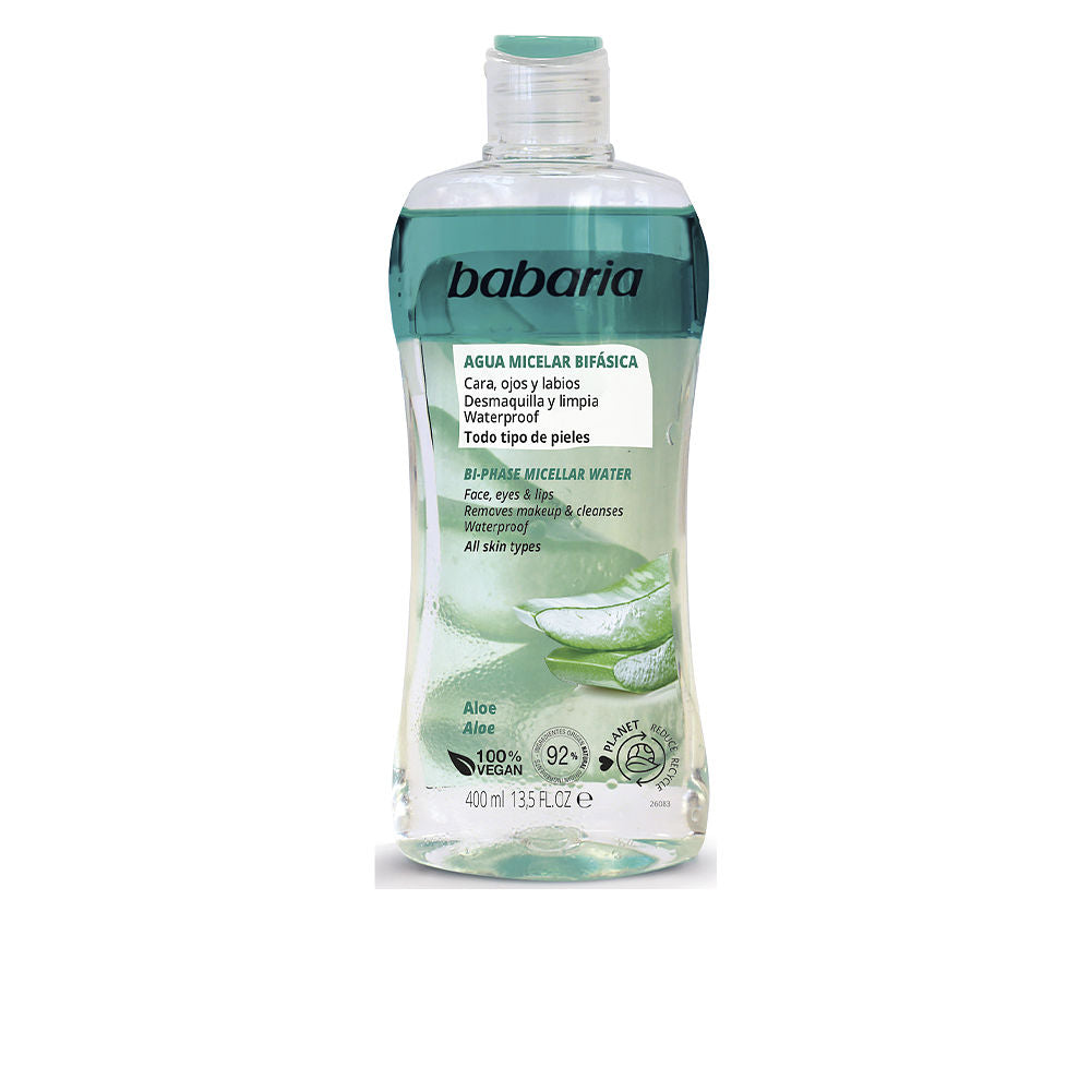 400 ml biphase micellar water bottle, clear and oil layers visible