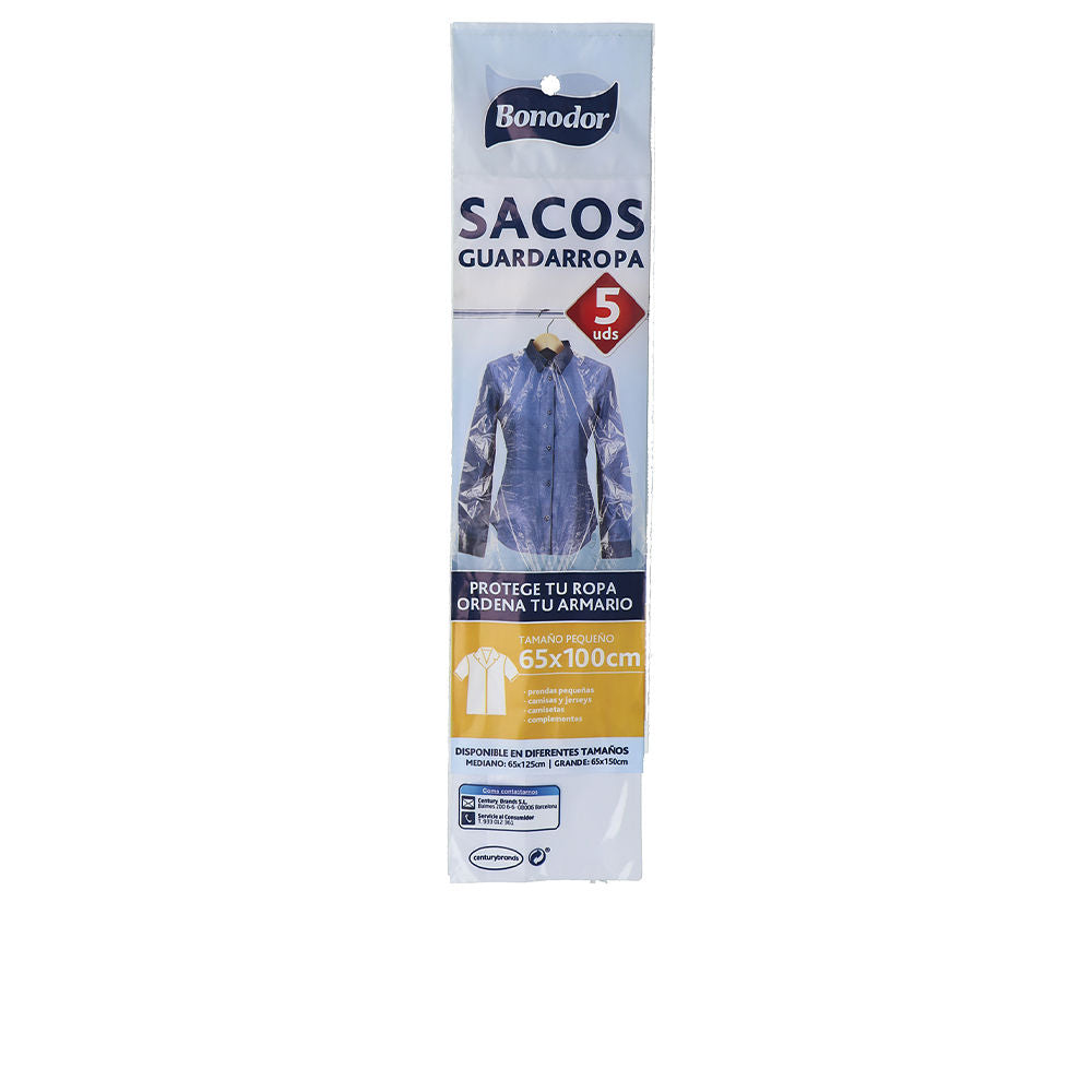 Bonodor Five white plastic garment bags with transparent fronts, hanger holes, printed labels and shirt image