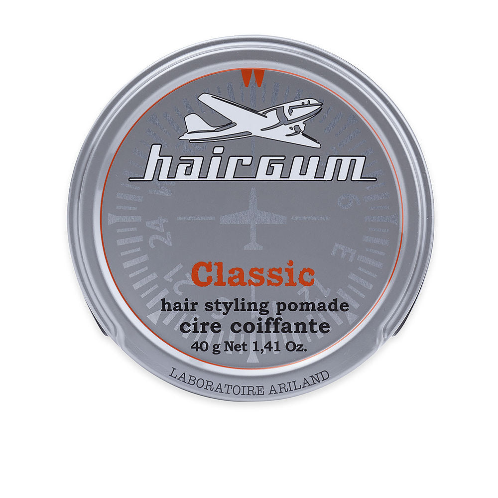 Small 40 g tin of glossy-wax hair pomade with snap lid, compact styling product