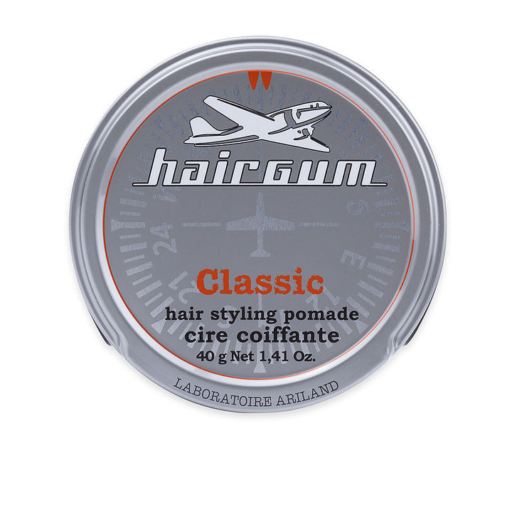 Small 40 g tin of glossy-wax hair pomade with snap lid, compact styling product