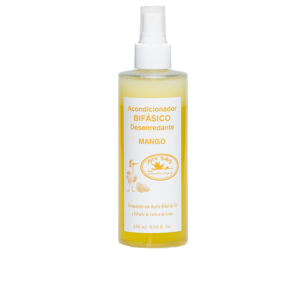 Yellow transparent plastic spray bottle with white label, orange text, bird illustration, measurement markings, Picu Baby