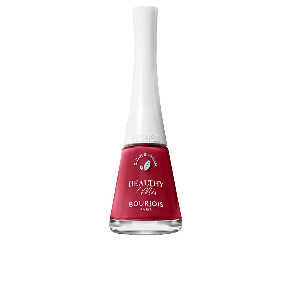 Small 9 ml bottle of berry-red vegan nail polish with recycled-plastic cap