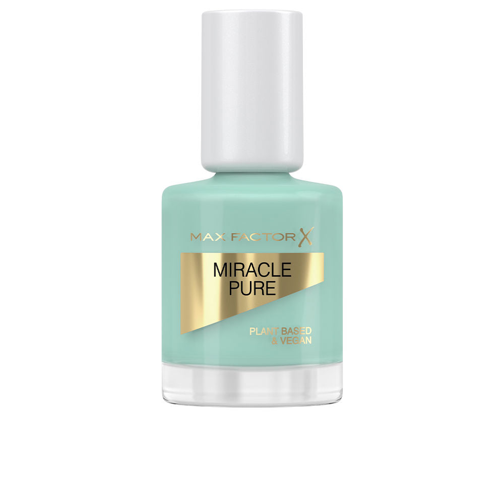 Bottle of Moonstone Blue vegan nail polish with curved brush, 12 ml