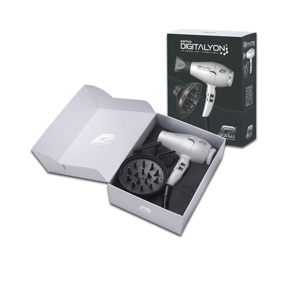 Silver professional hair dryer with two concentrator nozzles, compact ergonomic body