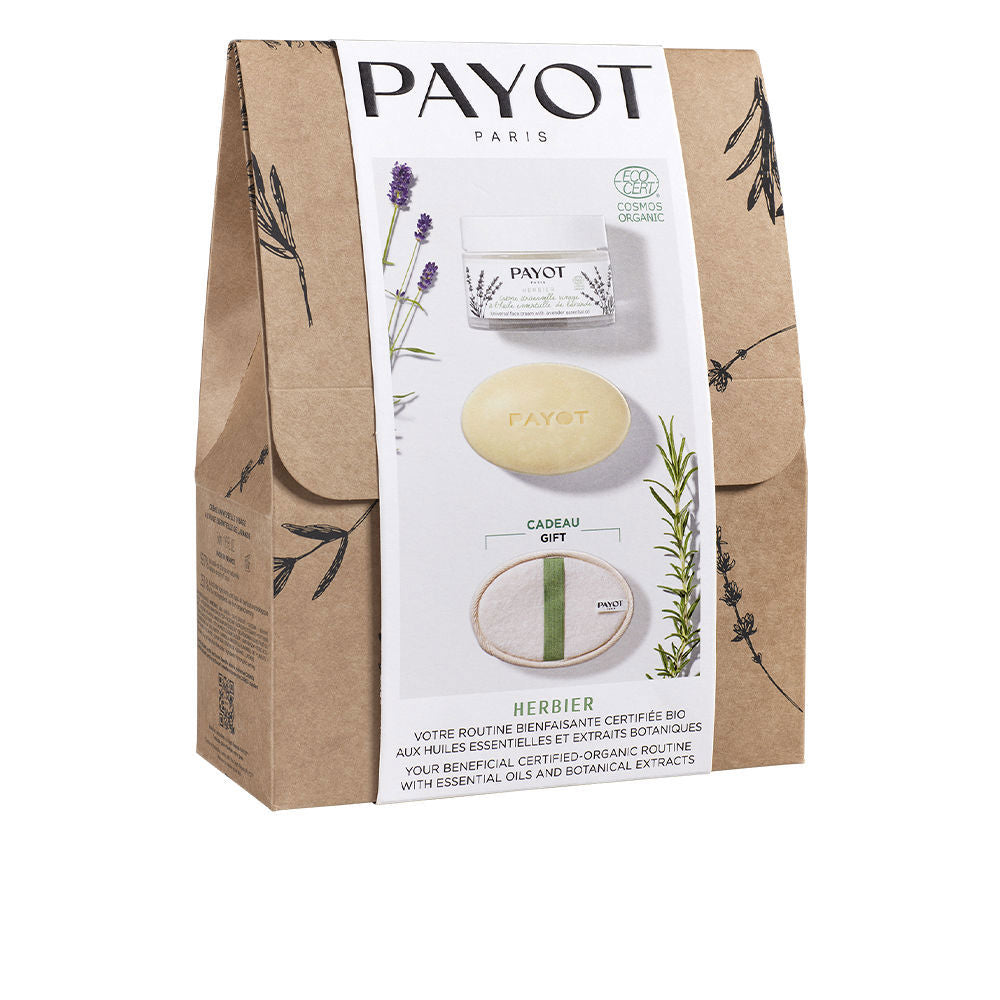 Payot skincare gift set in kraft paper with botanical illustrations, purple accents and eco-cert label