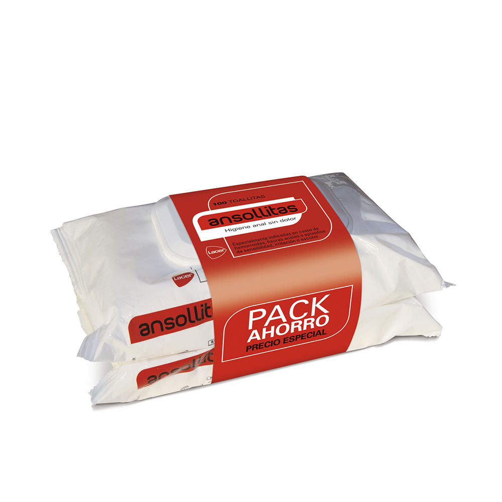 Anso Pack of white wet wipes in rectangular plastic packaging with resealable lid, red label, stacked two-pack