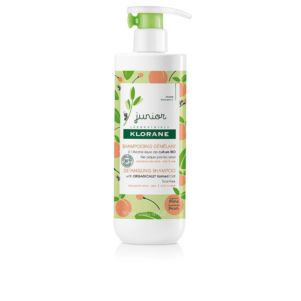 Peach‑scented Klorane JUNIOR detangling shampoo bottle with playful kids packaging