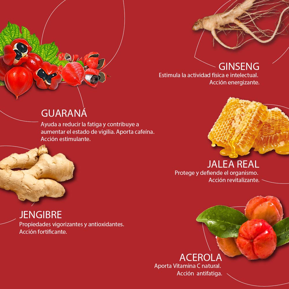 Box of 20 single‑dose herbal energy vials with botanical ingredients listed