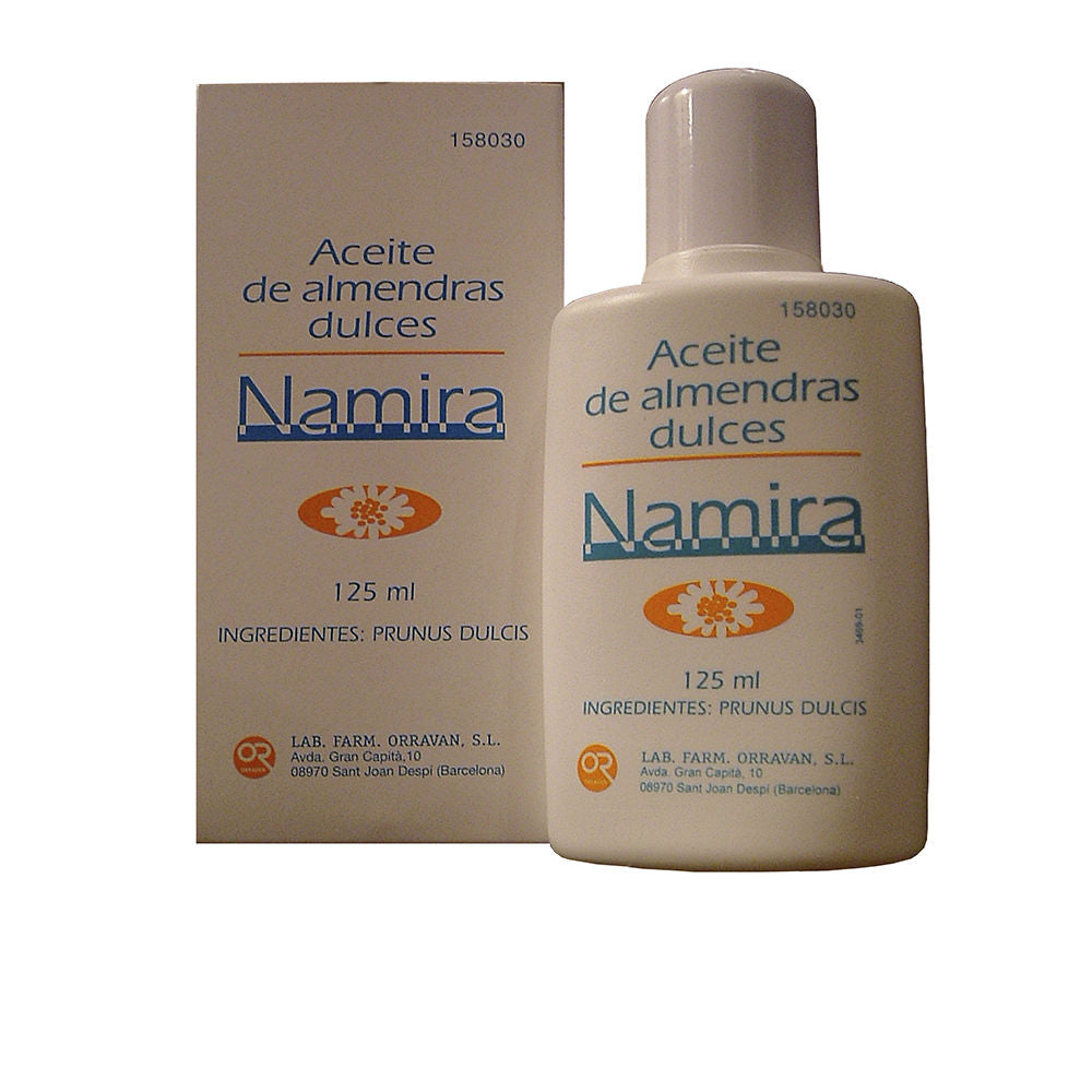 Glass bottle of sweet almond body oil, 125 ml, pale golden liquid
