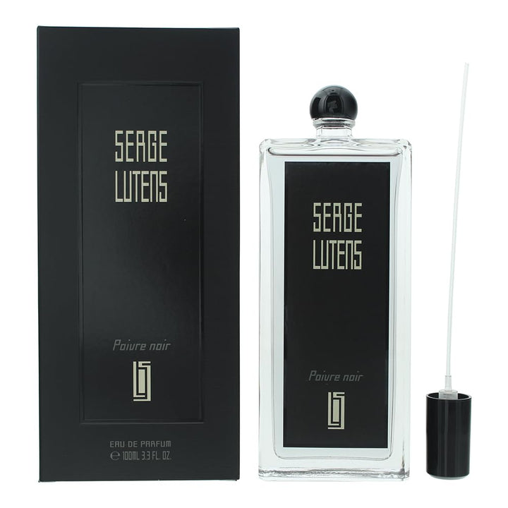 Tall rectangular glass bottle, black cap, labelled Poivre Noir, 100 ml unisex perfume