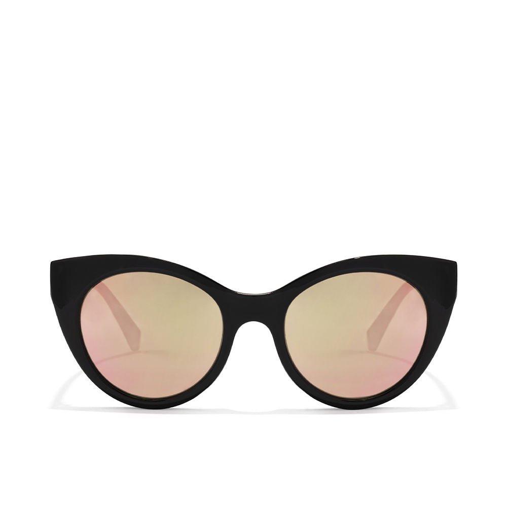 Glossy black cat-eye sunglasses with rose-gold polarized lenses, microfibre case