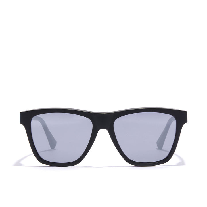 Matte black square Unisex sunglasses with lilac mirror lenses and silver temple logos